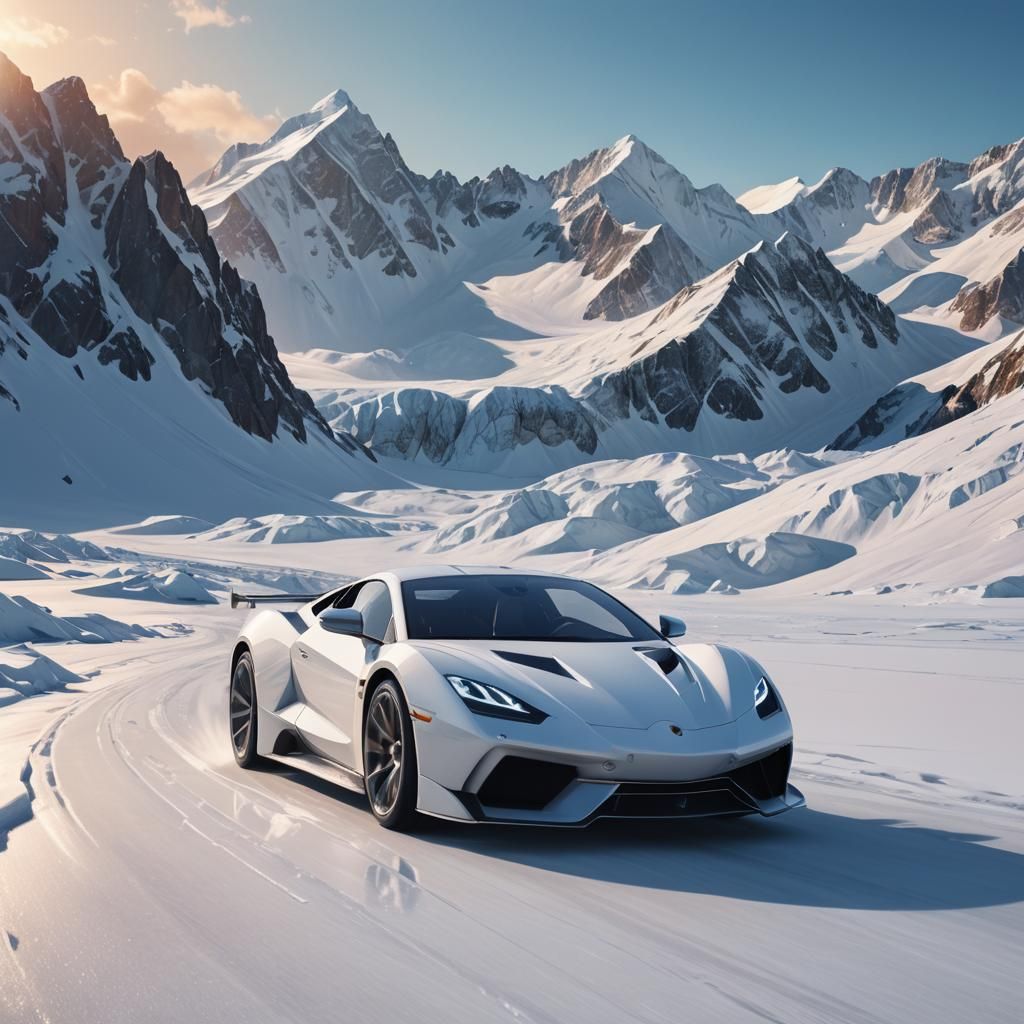 White Supercar on Ice: Hyperrealistic Concept Art