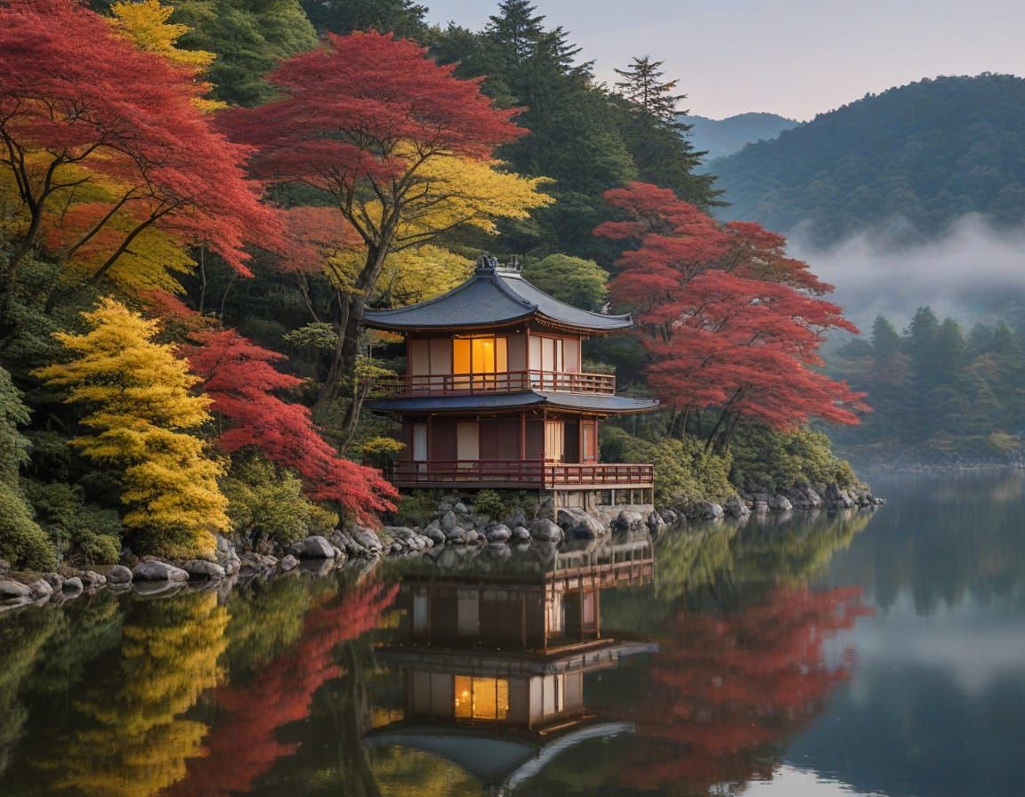 Luxurious RV at Dawn on Japanese Lake