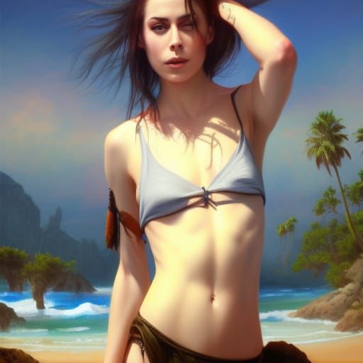 Lena Meyer-Landrut on Beach as Oil Painting