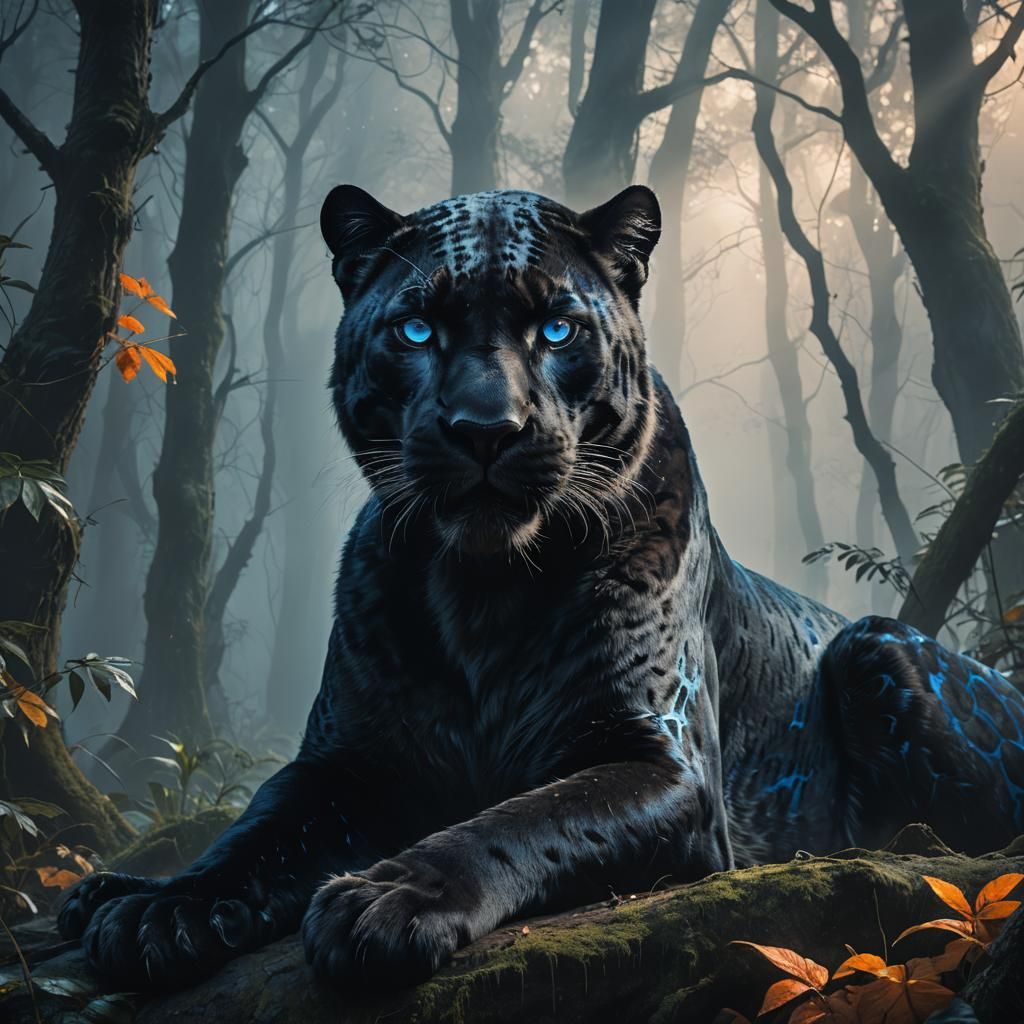 Mystical Panther in Misty Forest, Fantasy Matte Painting
