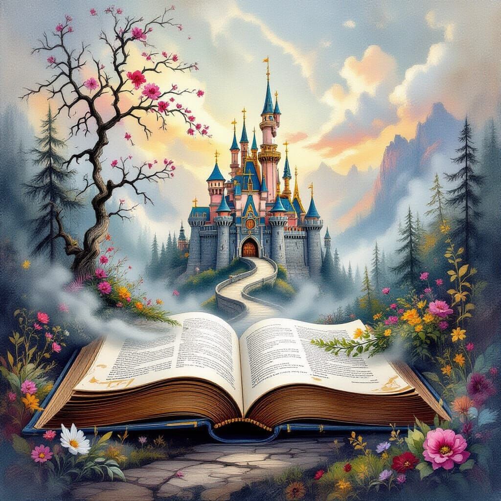 Fantasy Landscape Emerging from Book in Impressionist Style