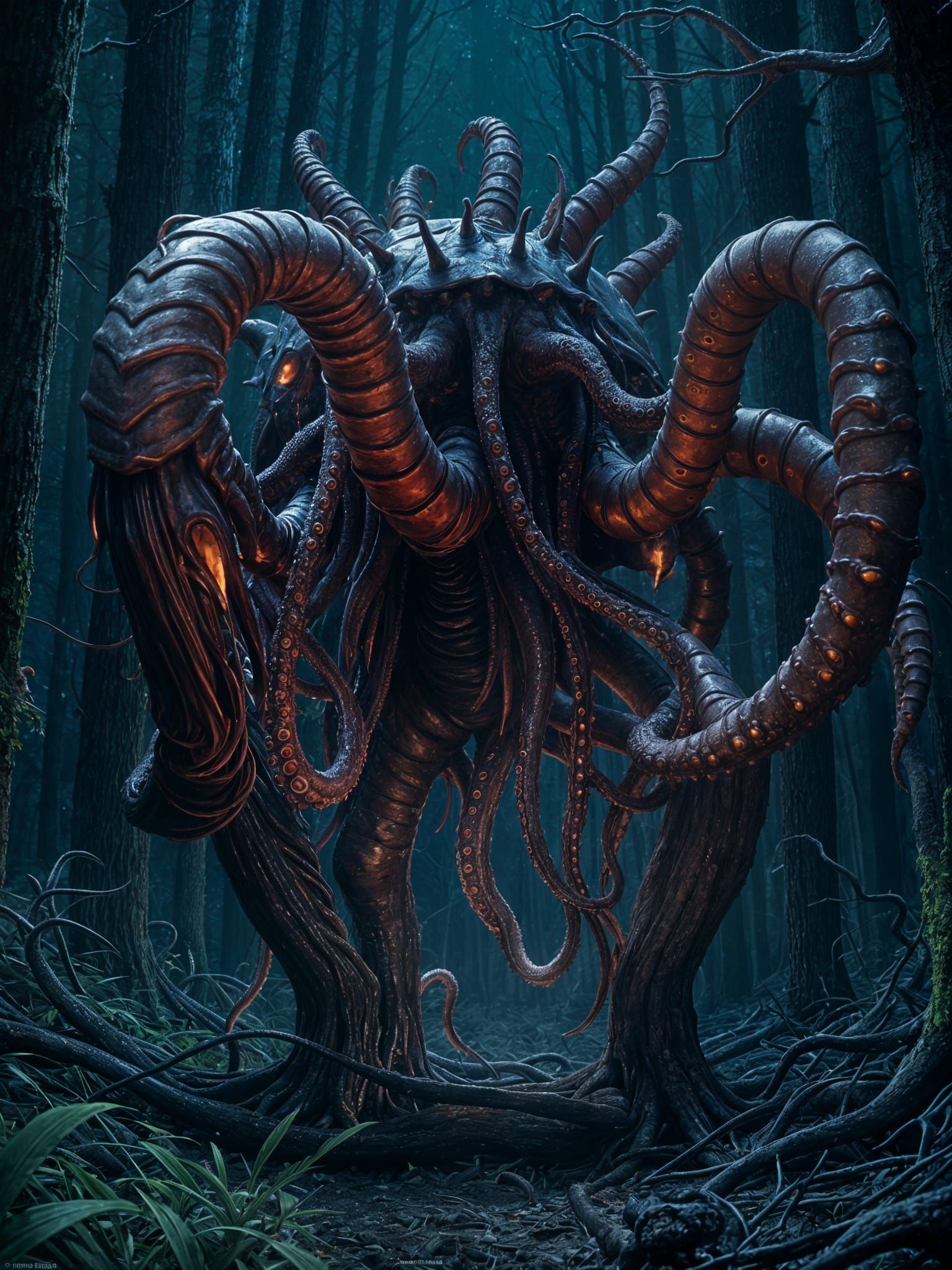 Dark Fantasy Creature with Tentacles in Forest