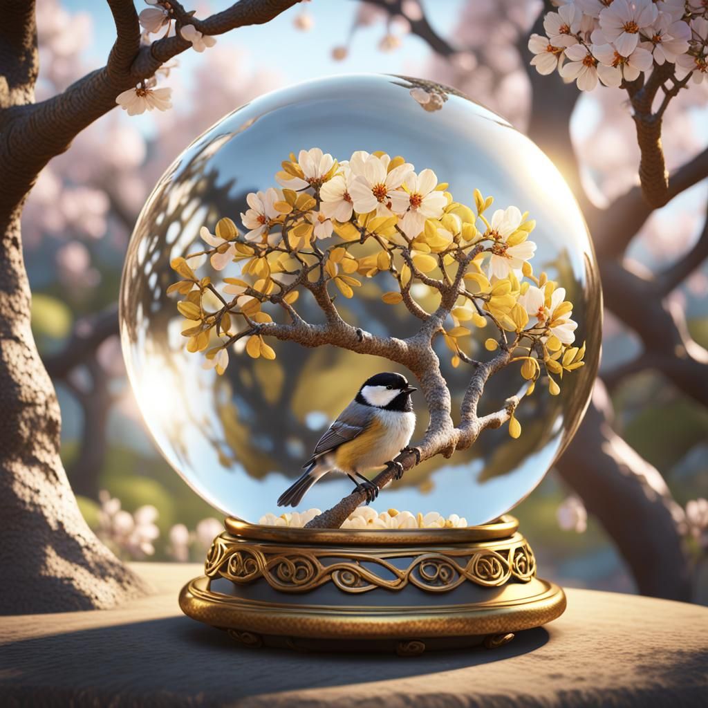 Chickadee and Golden Almond Tree in Crystal Ball