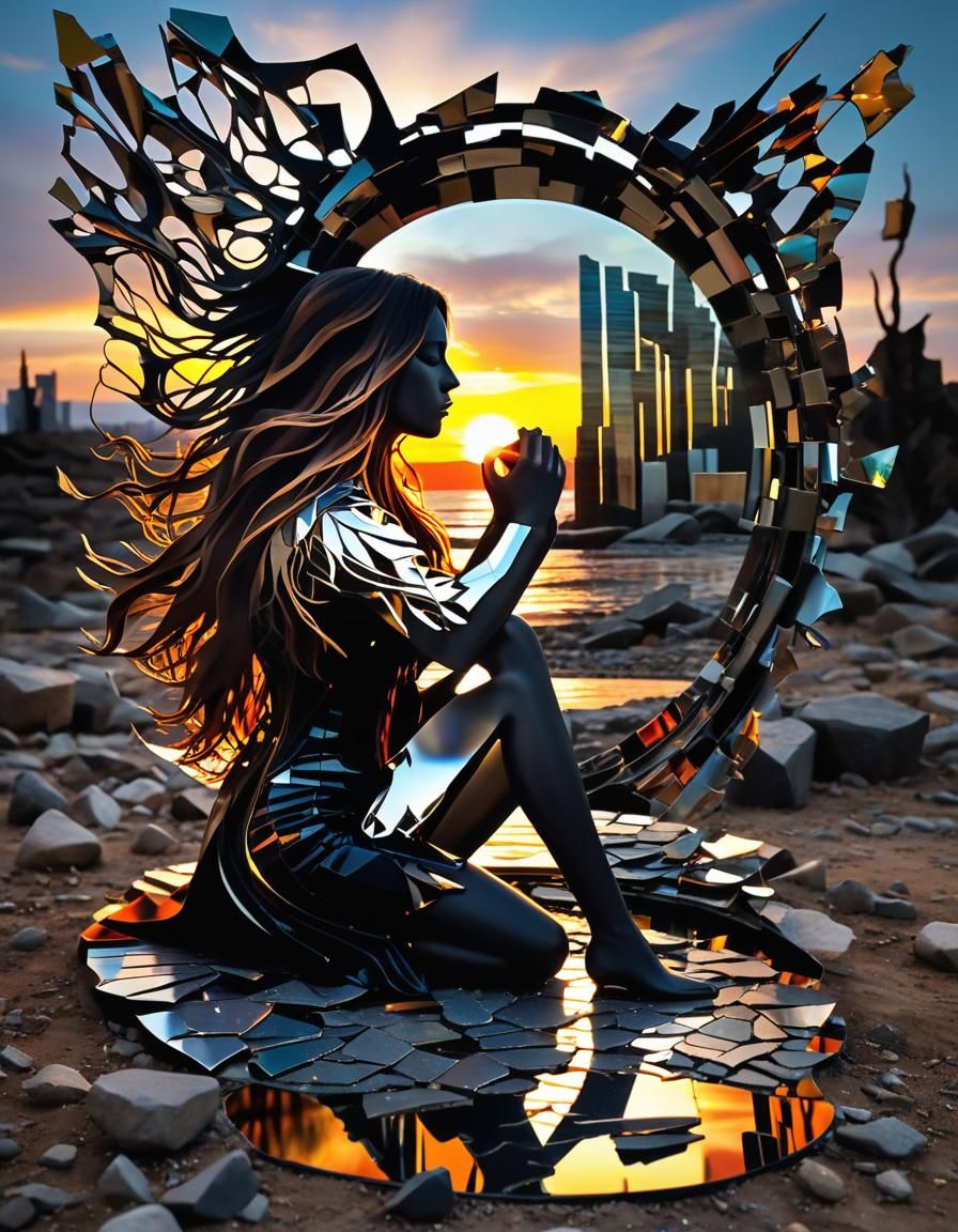 Surreal Sculpture of Woman at Sunset with Cracked Mirrors