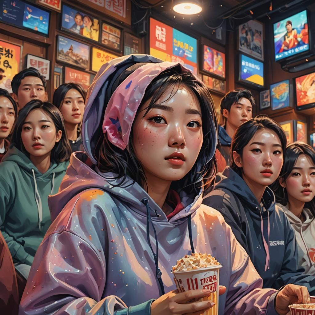 Korean Girl's Cozy Movie Night: Hyperrealistic Splash Art
