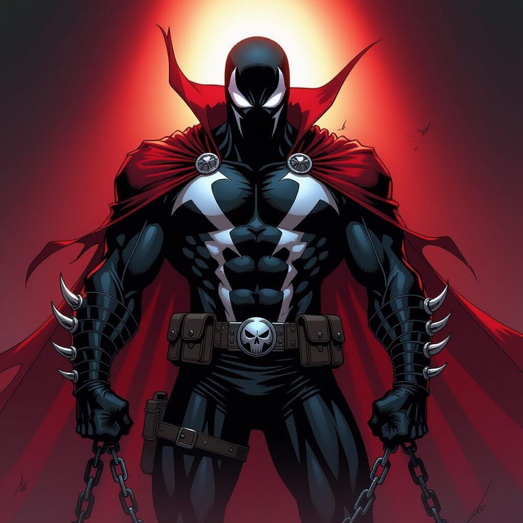 Spawn Emerges from Shadows with Chains, Comic Style