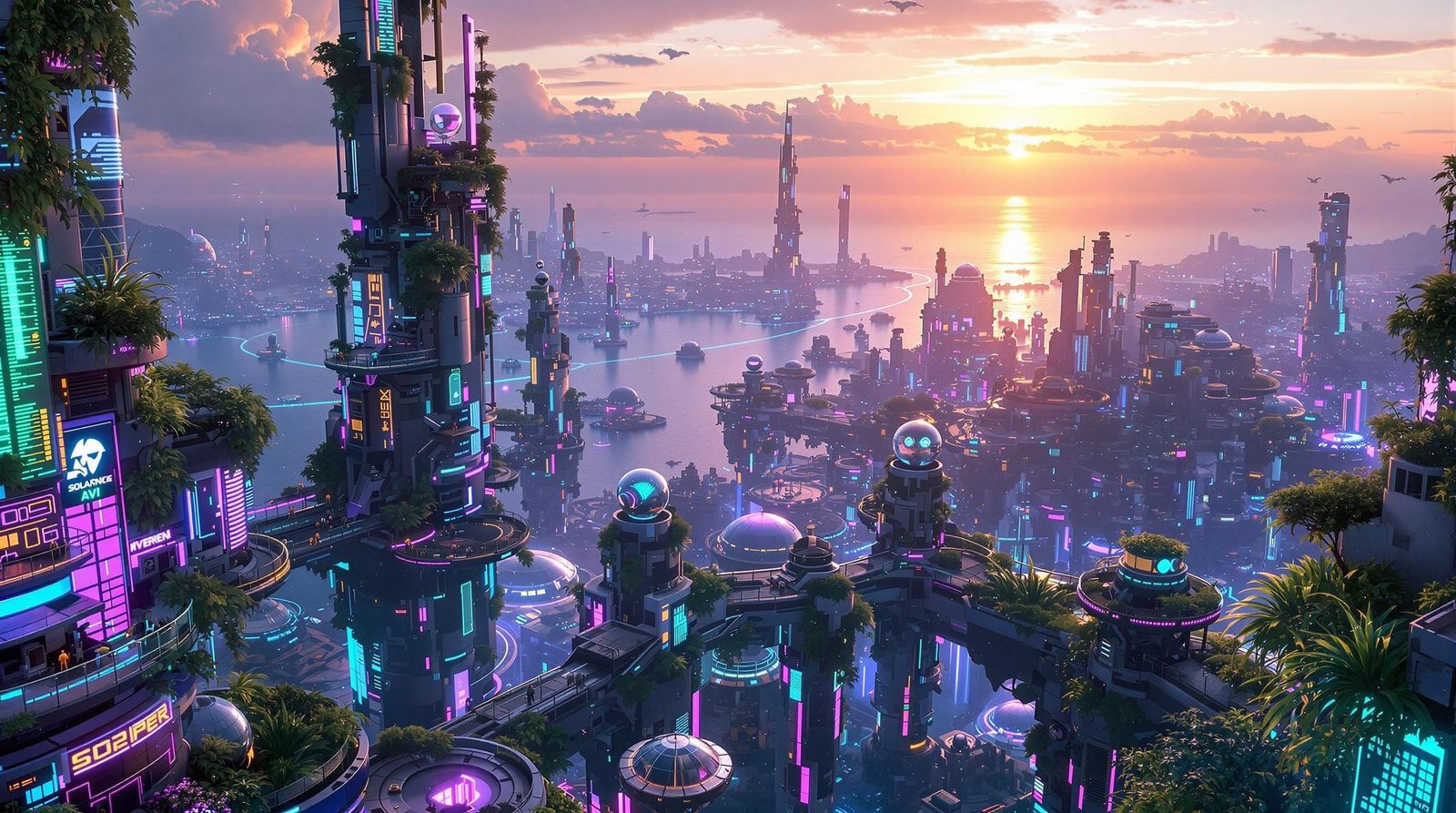 Radiant Cyberpunk Solarpunk Cityscape at Sunset