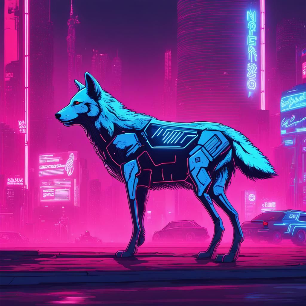 Cyberpunk Blue Wolf in Neon Dystopia