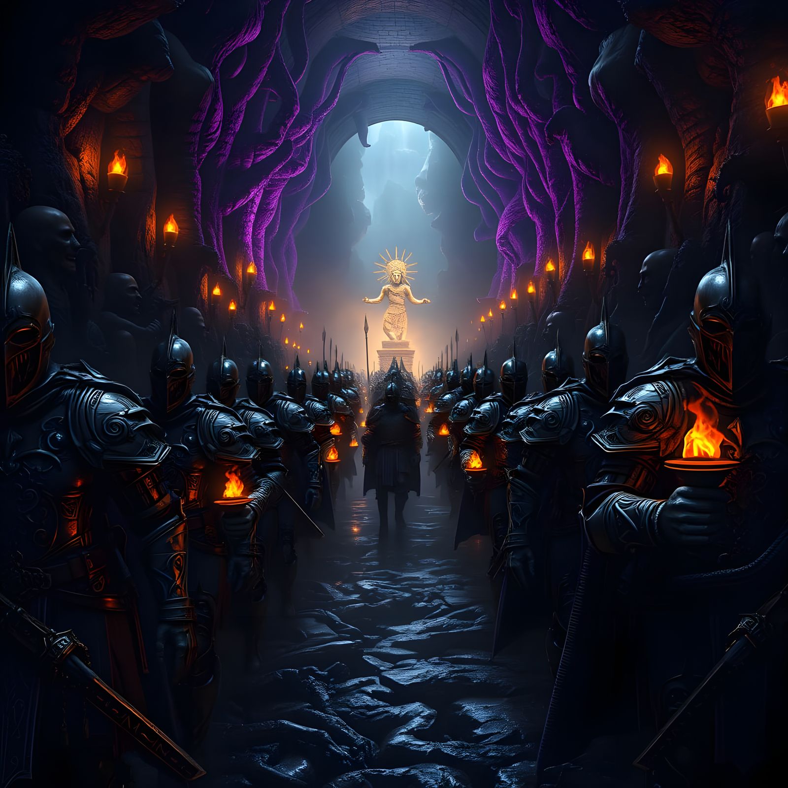 Dark Fantasy Army of Grey Wardens Marching Through Deep Road...