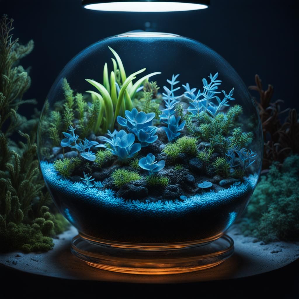 Bioluminescent Terrarium: Hyperrealistic Night Scene