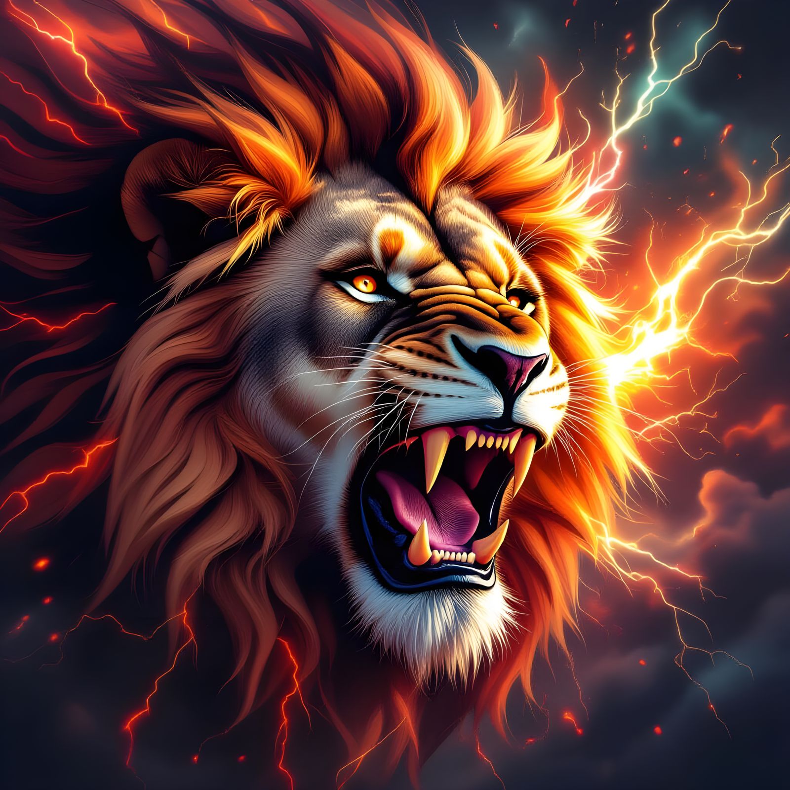 Plasma Storm Engulfs Lion Head in Hyperrealistic Digital Art