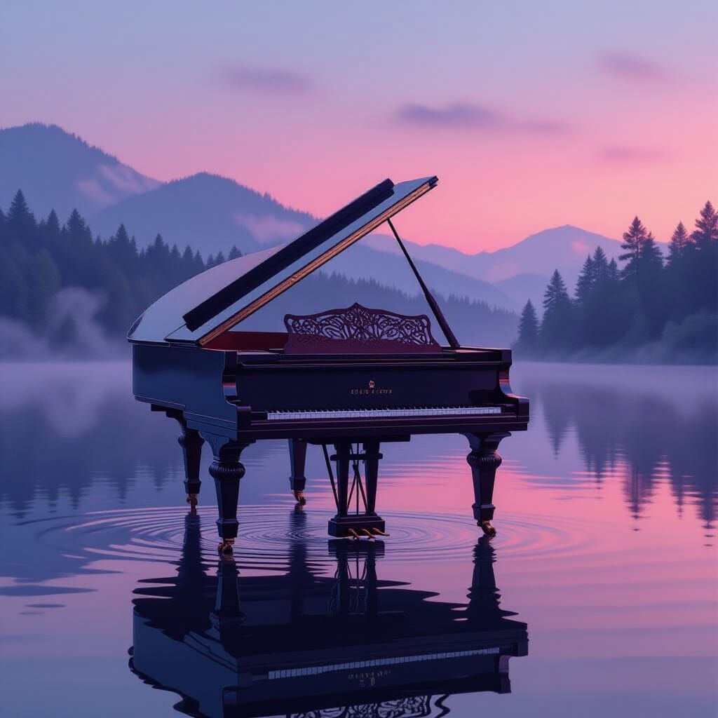 Ethereal Piano Emerges from Twilight Lake