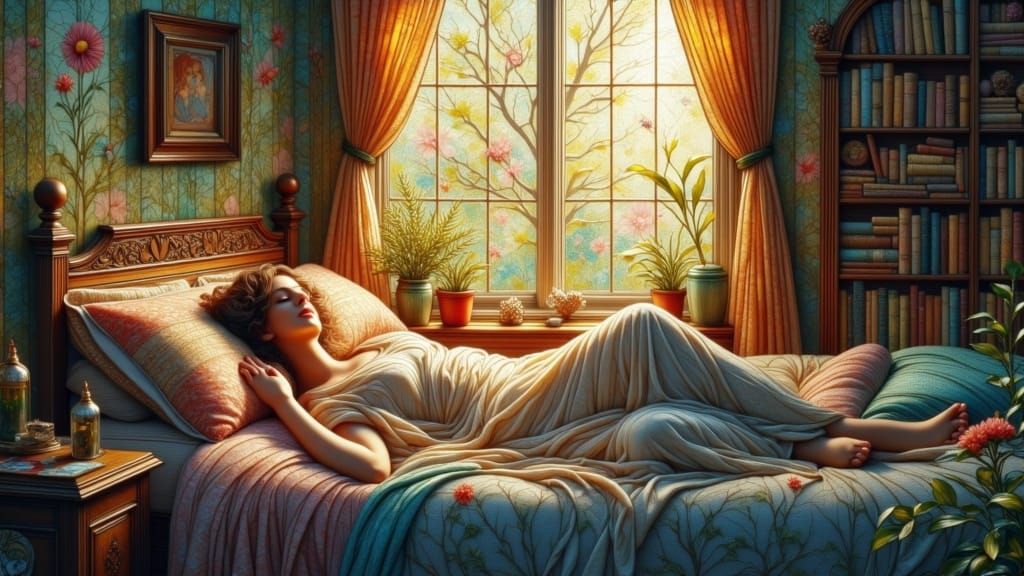 Surrealist Dreamscape: Woman Sleeping in a Cozy, Art-Filled ...