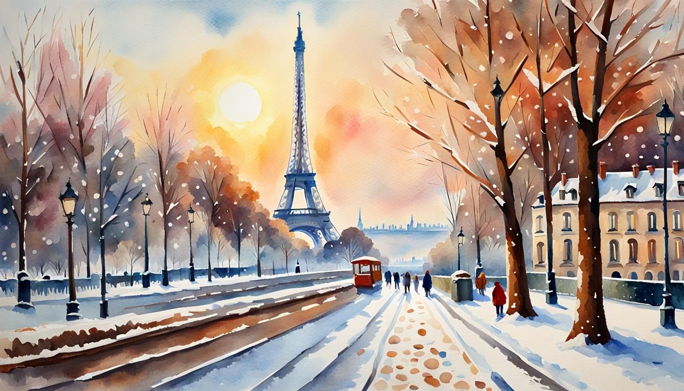 Eiffel Tower Winter Panorama in Gouache Style