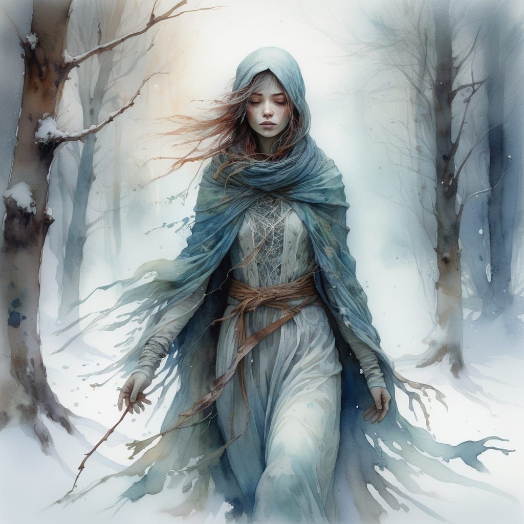 Ethereal Winter Ghost Drifting Through Snowy Forest