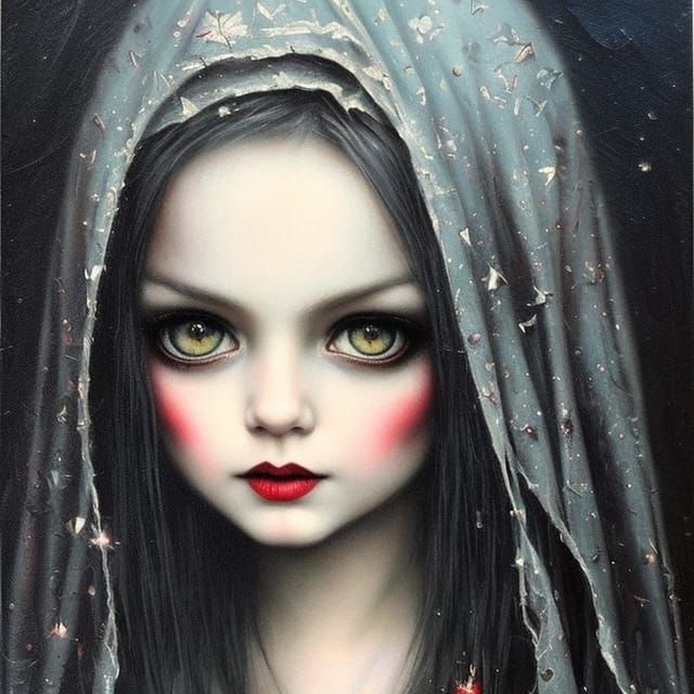 Gothic Witch Stares Intensely, Pointillist Cardboard Art