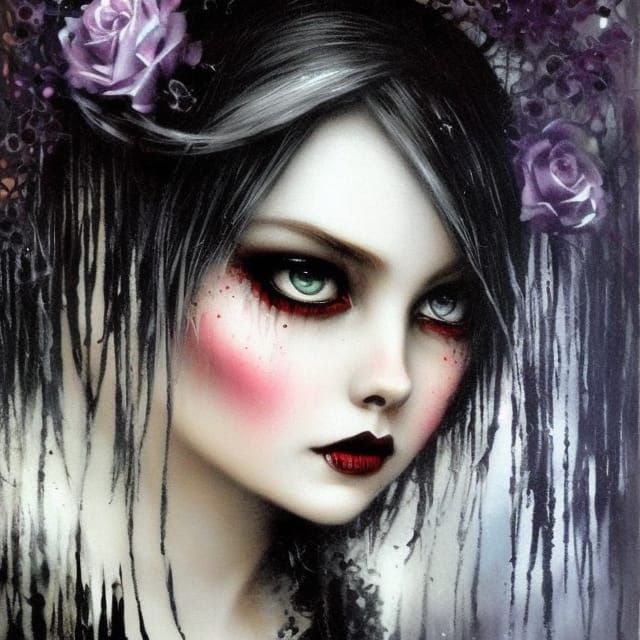 Intense Gothic Witch Portrait with Pointillist Details