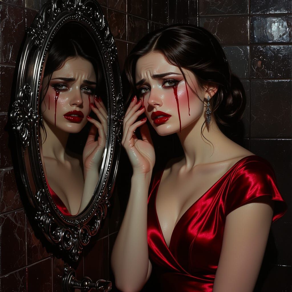 Woman Crying Blood in Mirror, Elegant Red Dress