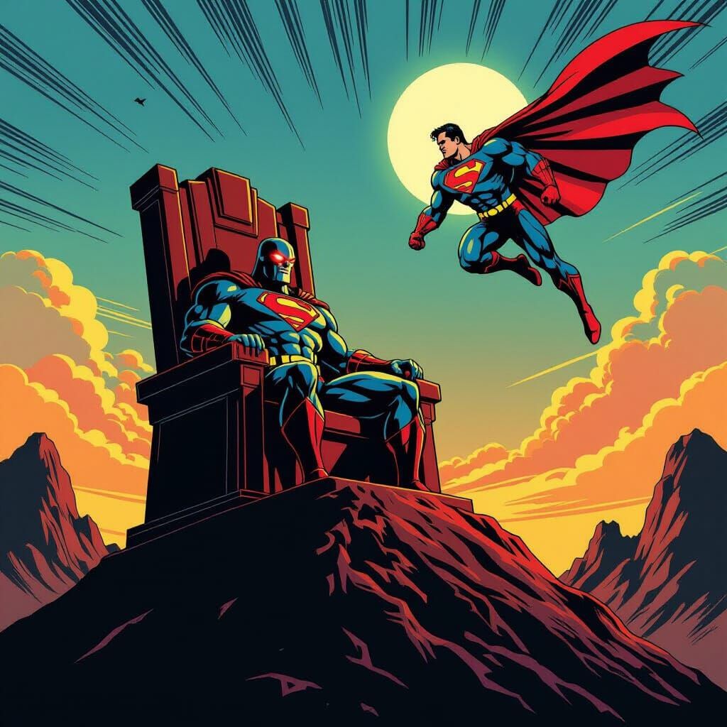 Darkseid on Throne Facing Approaching Superman in Retro Comi...