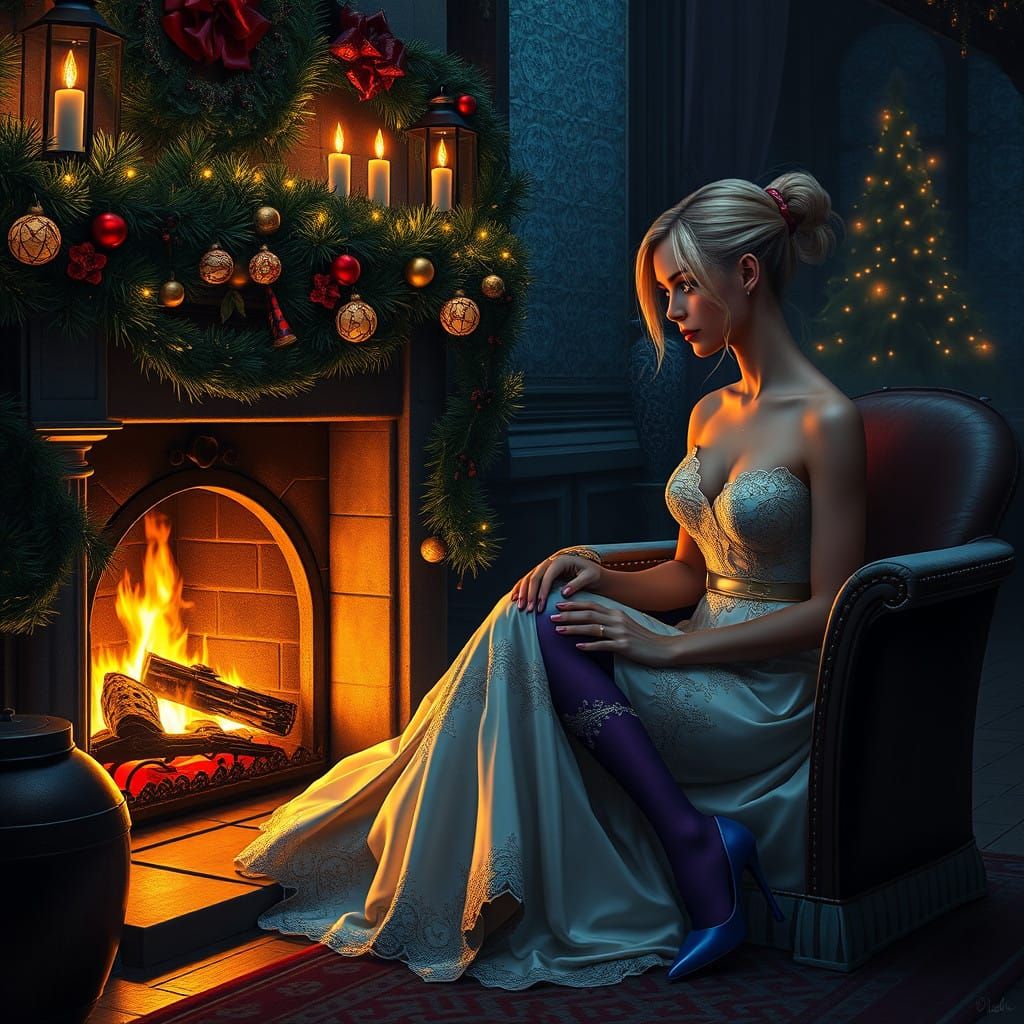 Golden Goddess by the Fireplace: A Luxurious Christmas Scene