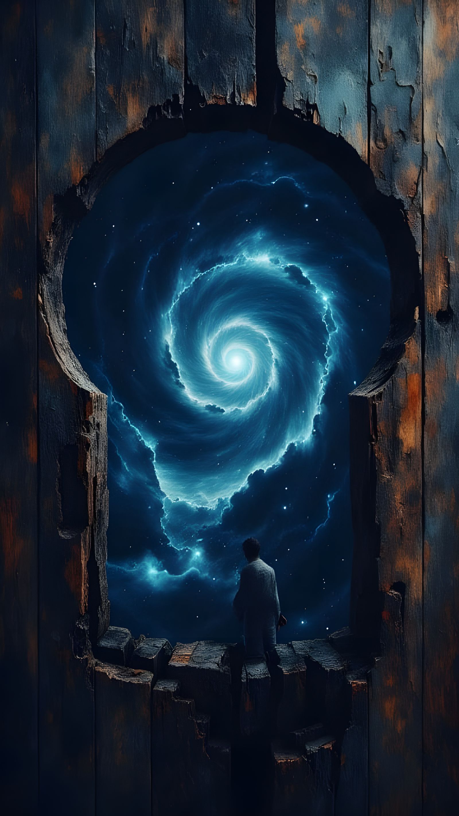 Galaxy Revealed Through Weathered Keyhole as Dark Oil Painti...