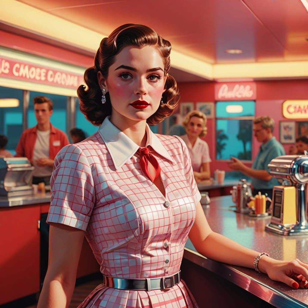 Retro Futurism Diner Waitress in Neon Chrome