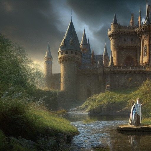 Medieval Castle with Wizard in Digital Art Style