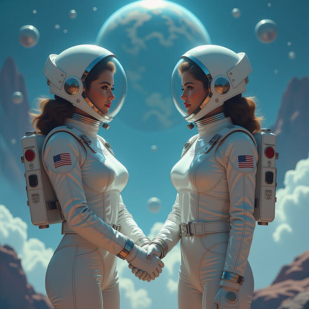 1950s Spacefarers Holding Hands Amidst Cosmic Beauty