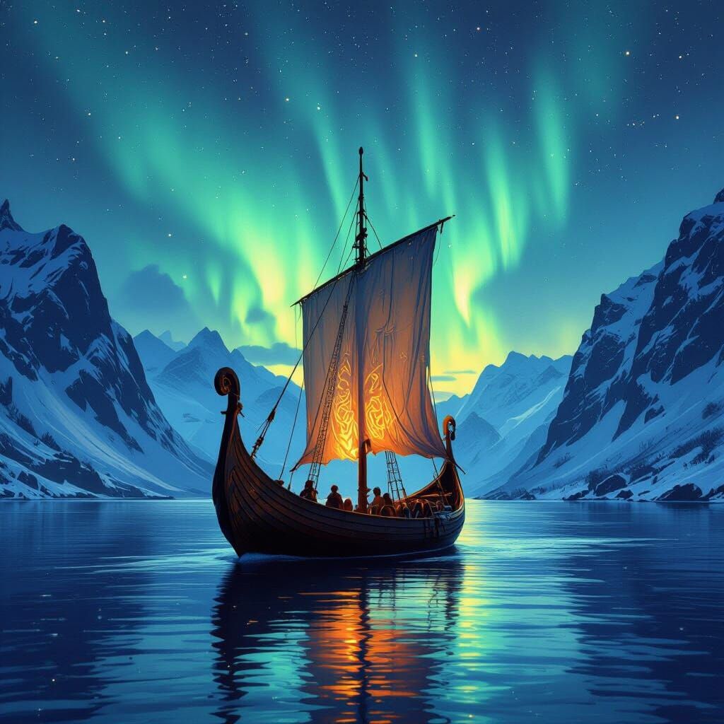 Viking Longship Under Northern Lights in Romantic Style