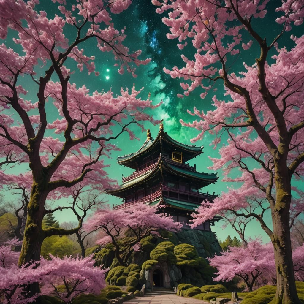 Zen Temple Among Pink Cherry Trees in Nebula Galaxy