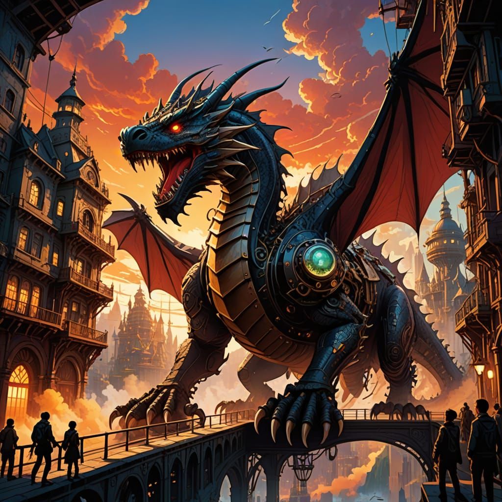 Epic Steampunk Dragon Soars Through Crimson Sky Over Metropo...