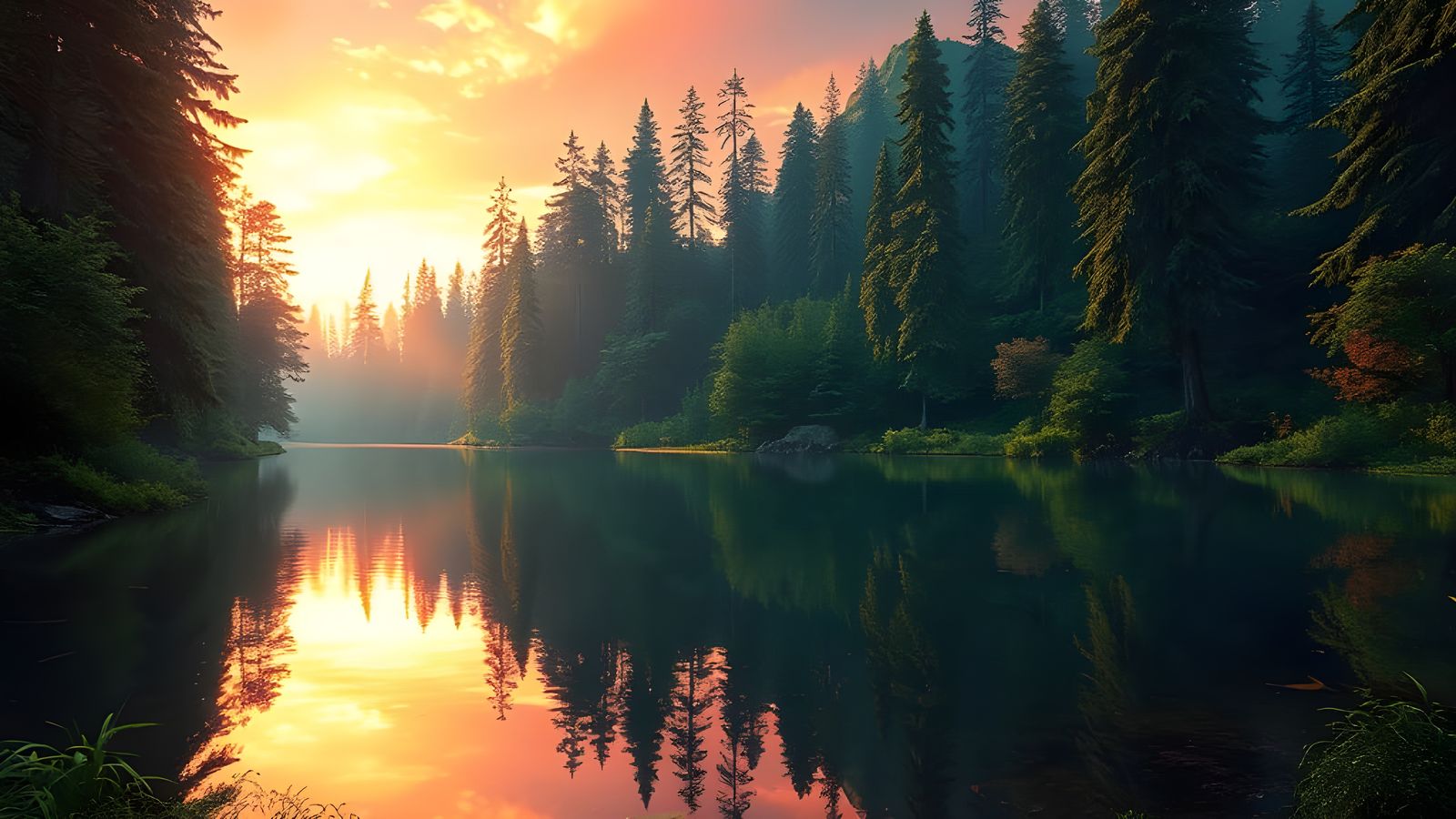 Serene Lake Scene in Vibrant Sunrise Light