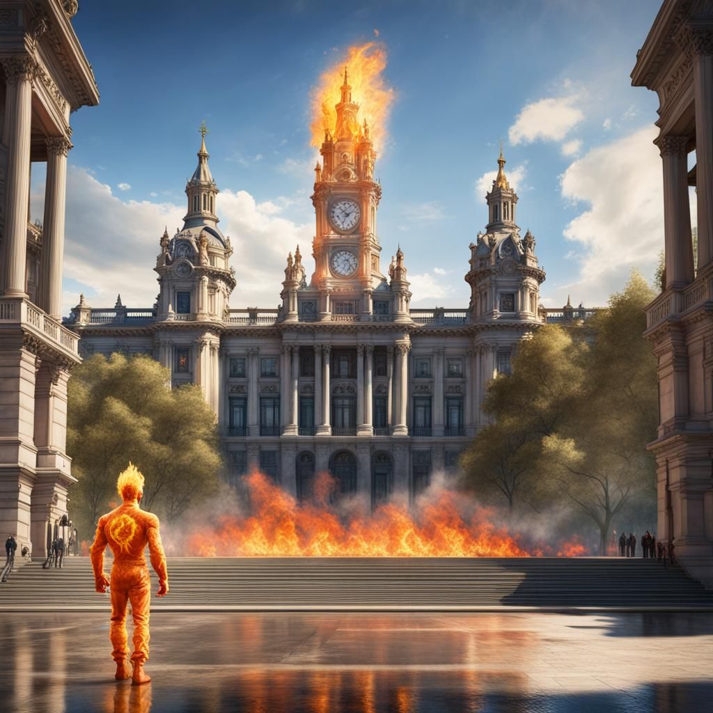 Human Torch Ignites Plaza Cibeles in Watercolor
