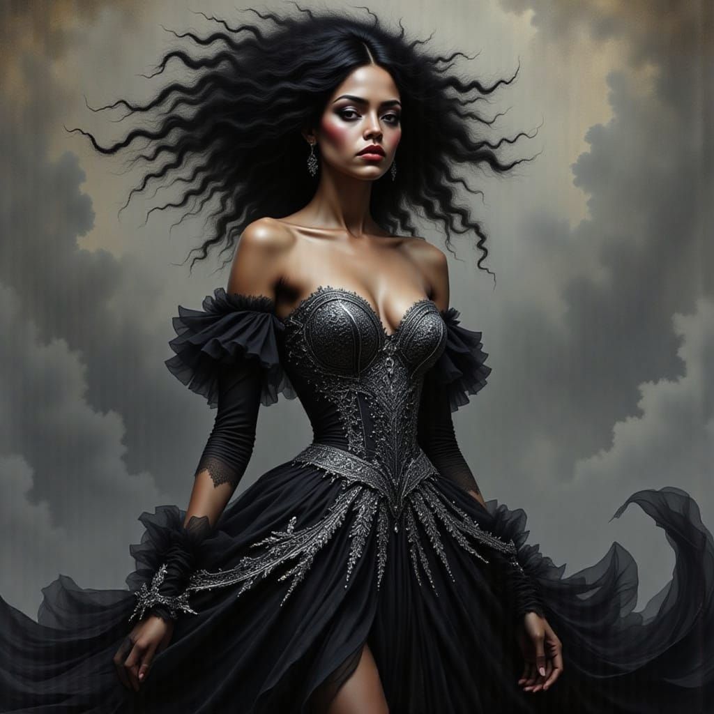 Striking Woman in Flowing Dress: Black and White