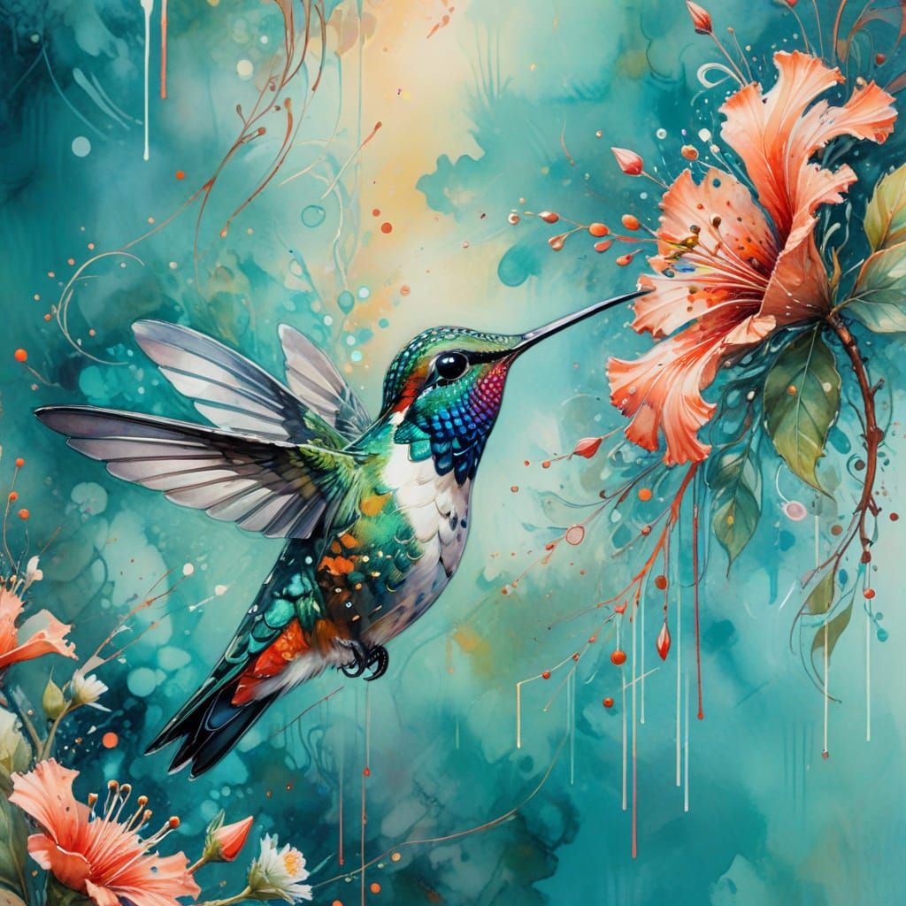 Polka-Dot Hummingbird Sips Nectar: Watercolor Masterpiece