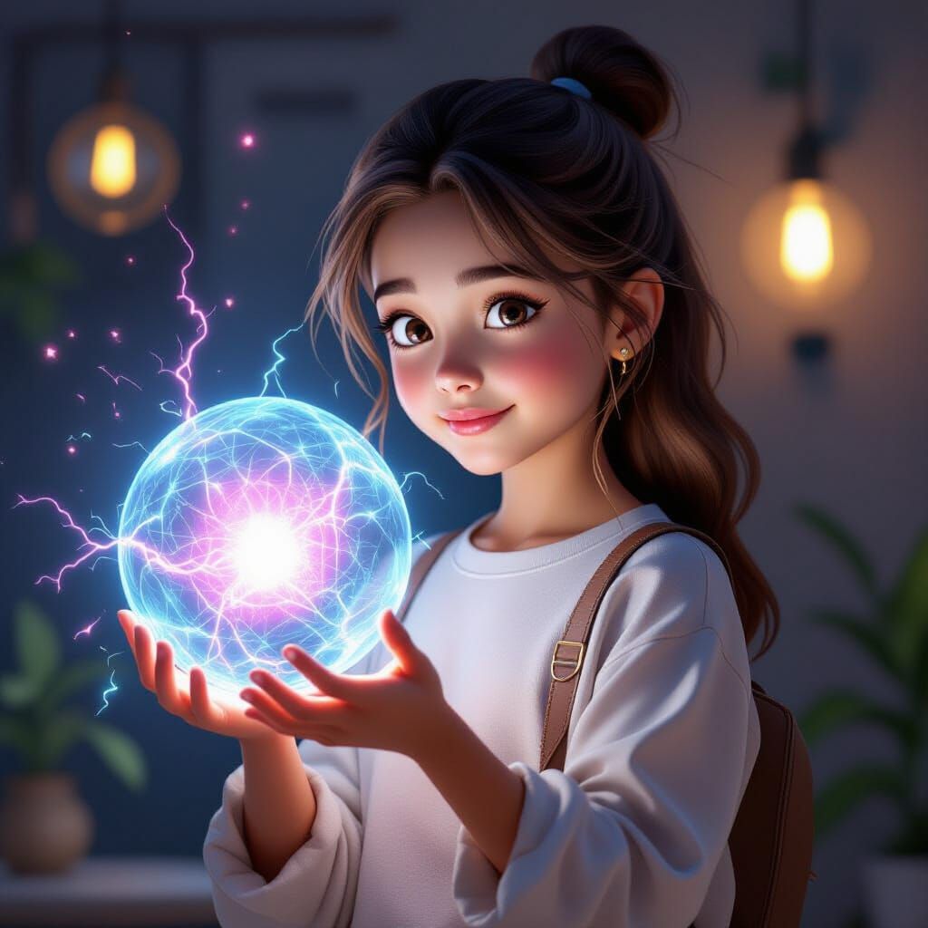 Girl Holding Electric Orb in Detailed 3D Render