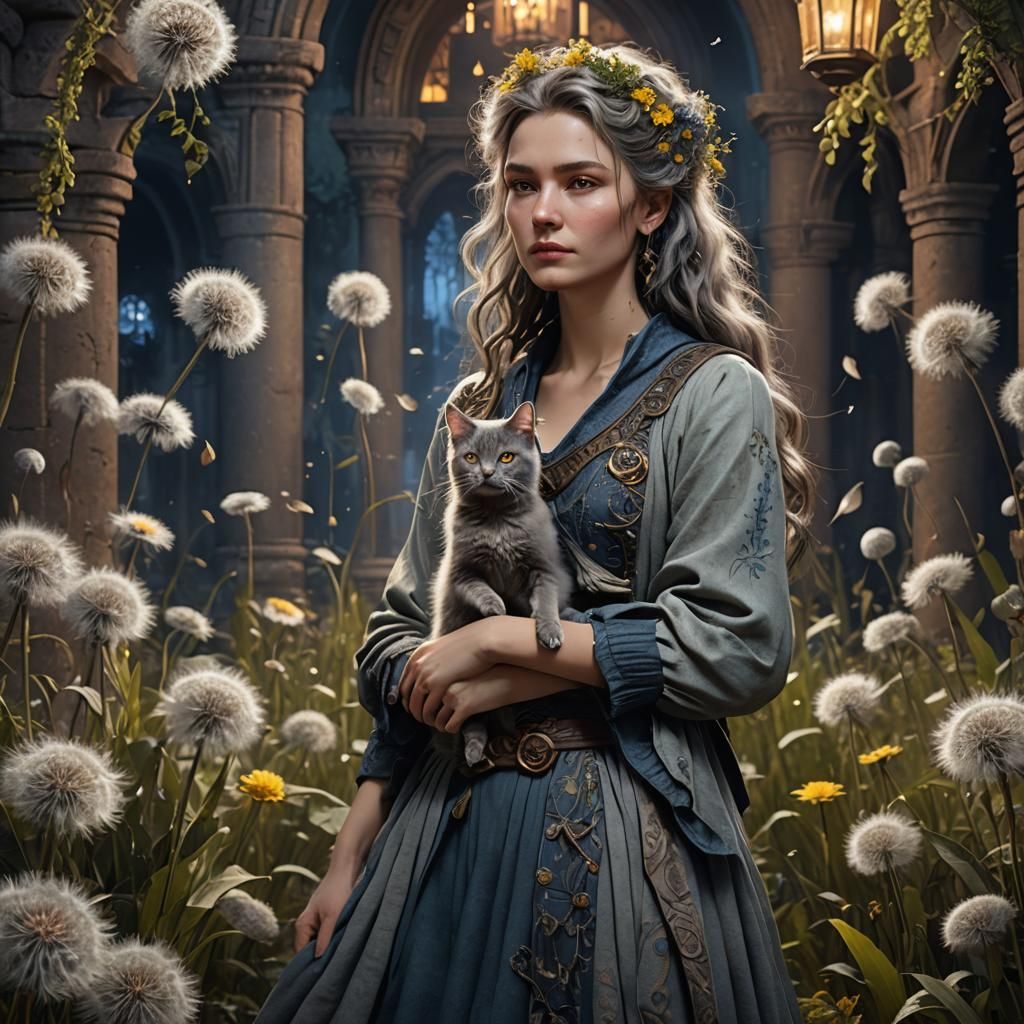 Labyrinth Night: Woman with Cat in Dandelion Wind