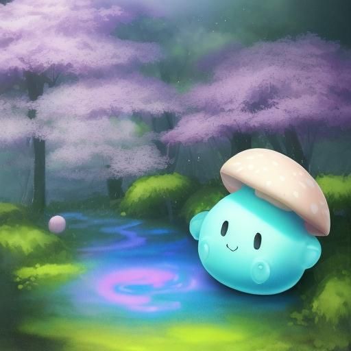 Cute Slime on Mushroom in Anime Watercolor Style