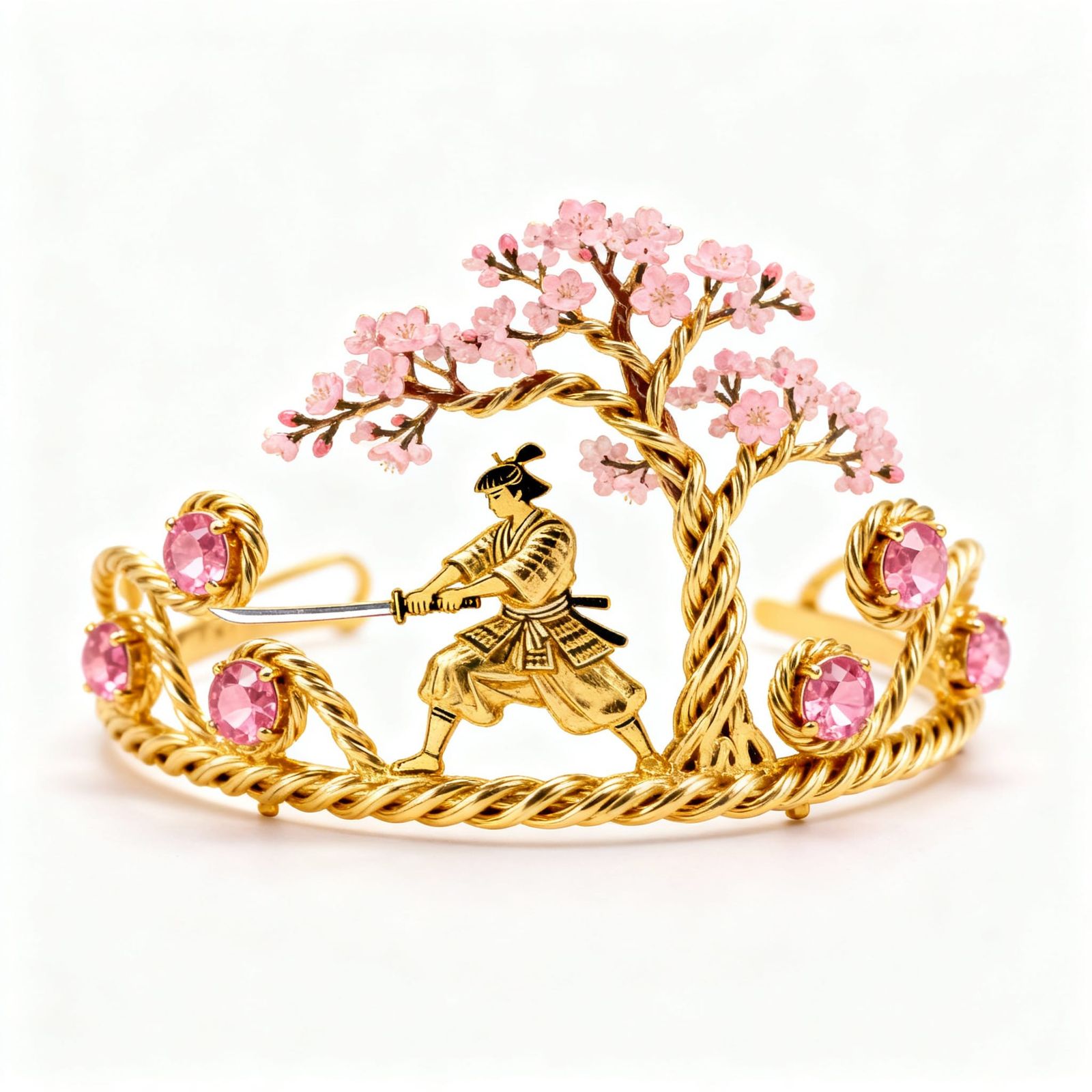 Golden Samurai Tiara with Cherry Blossoms and Pink Gemstones