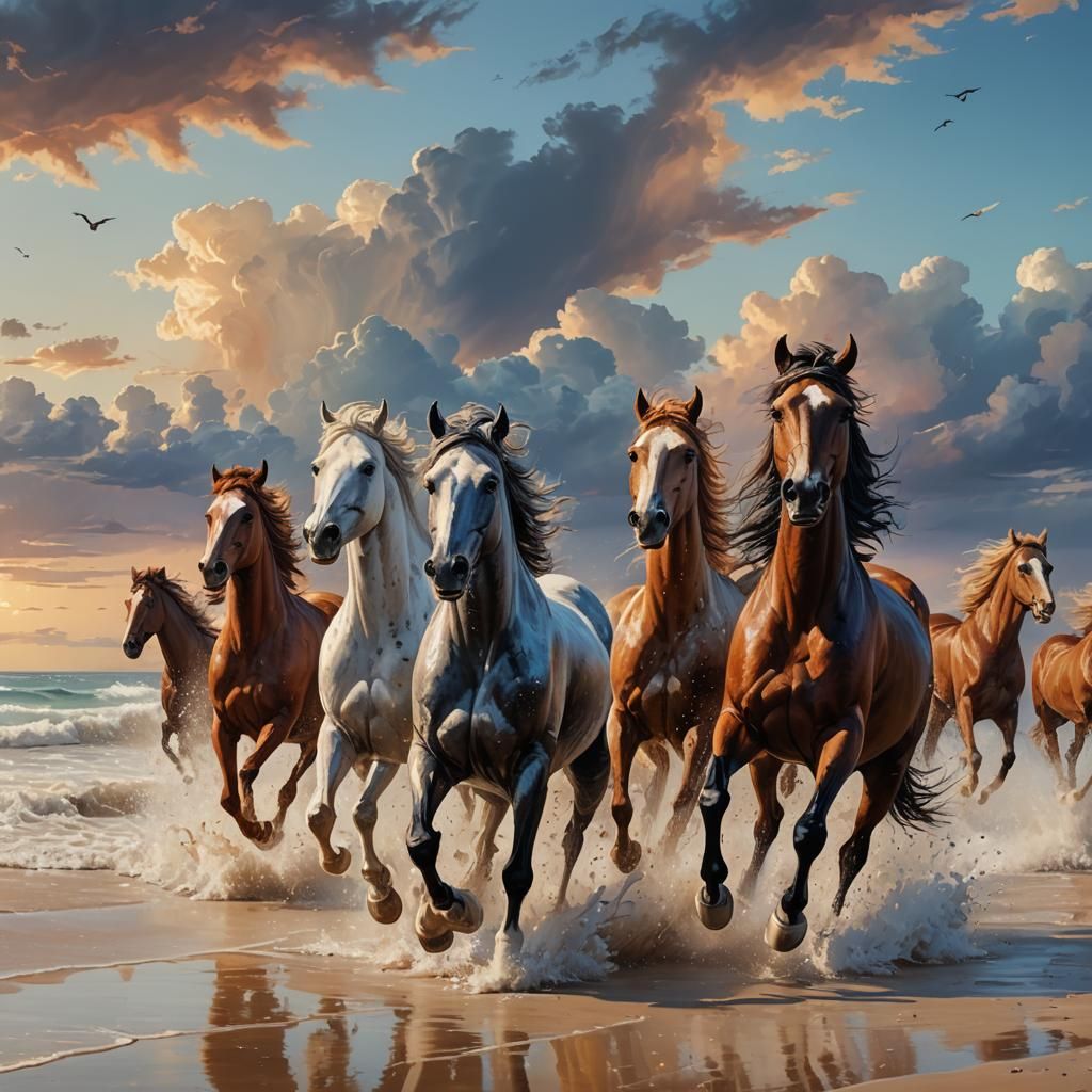 Horses Galloping on Beach: Hyperrealistic Splash Art