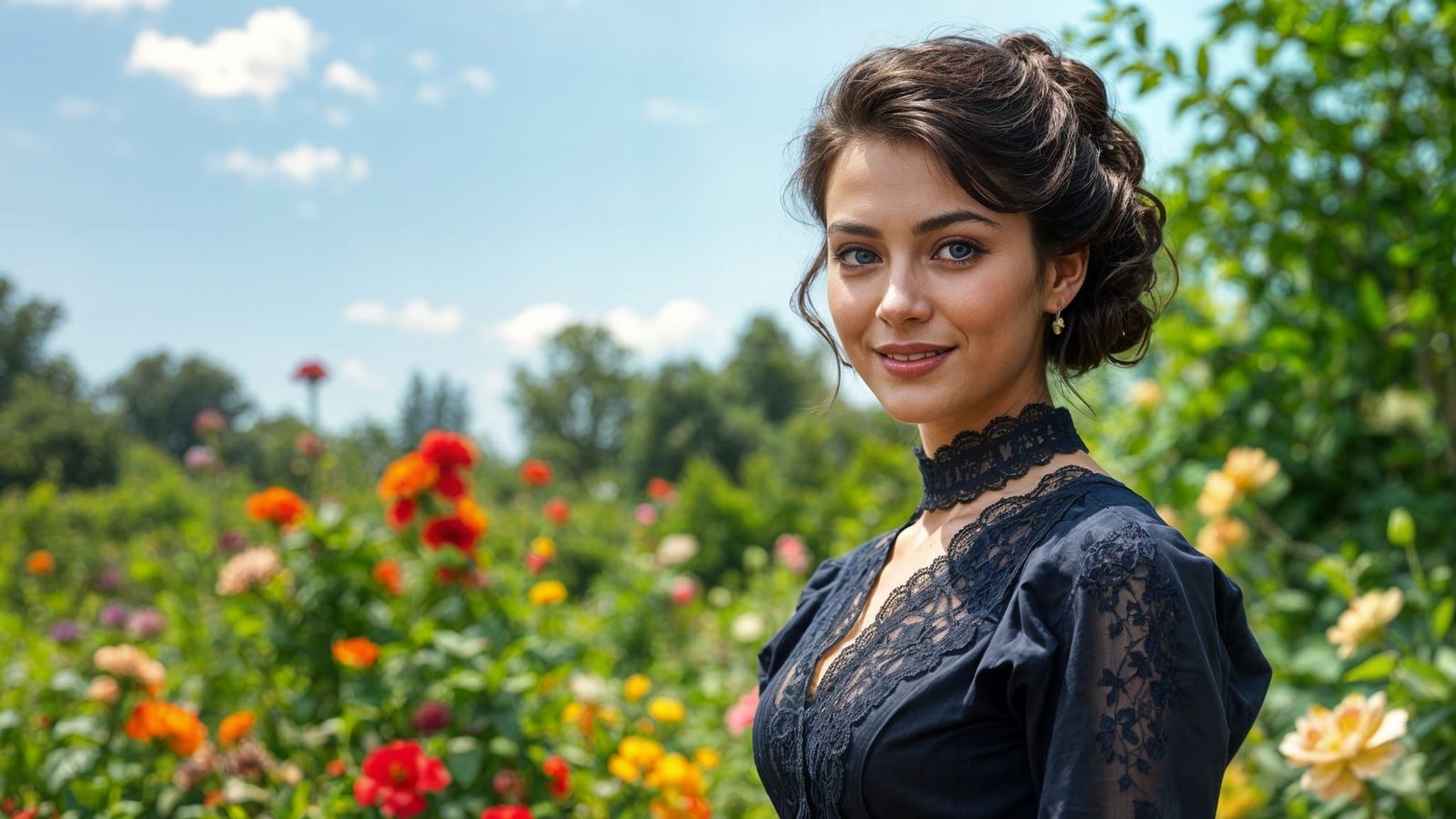 Elegant Woman in Victorian Garden