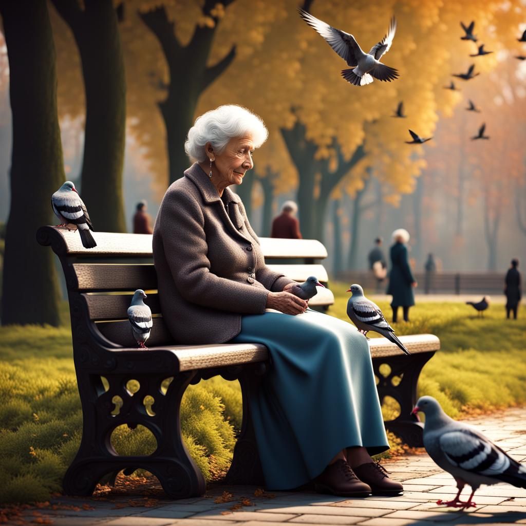 Woman Feeding Pigeons in Park: Digital Matte Painting