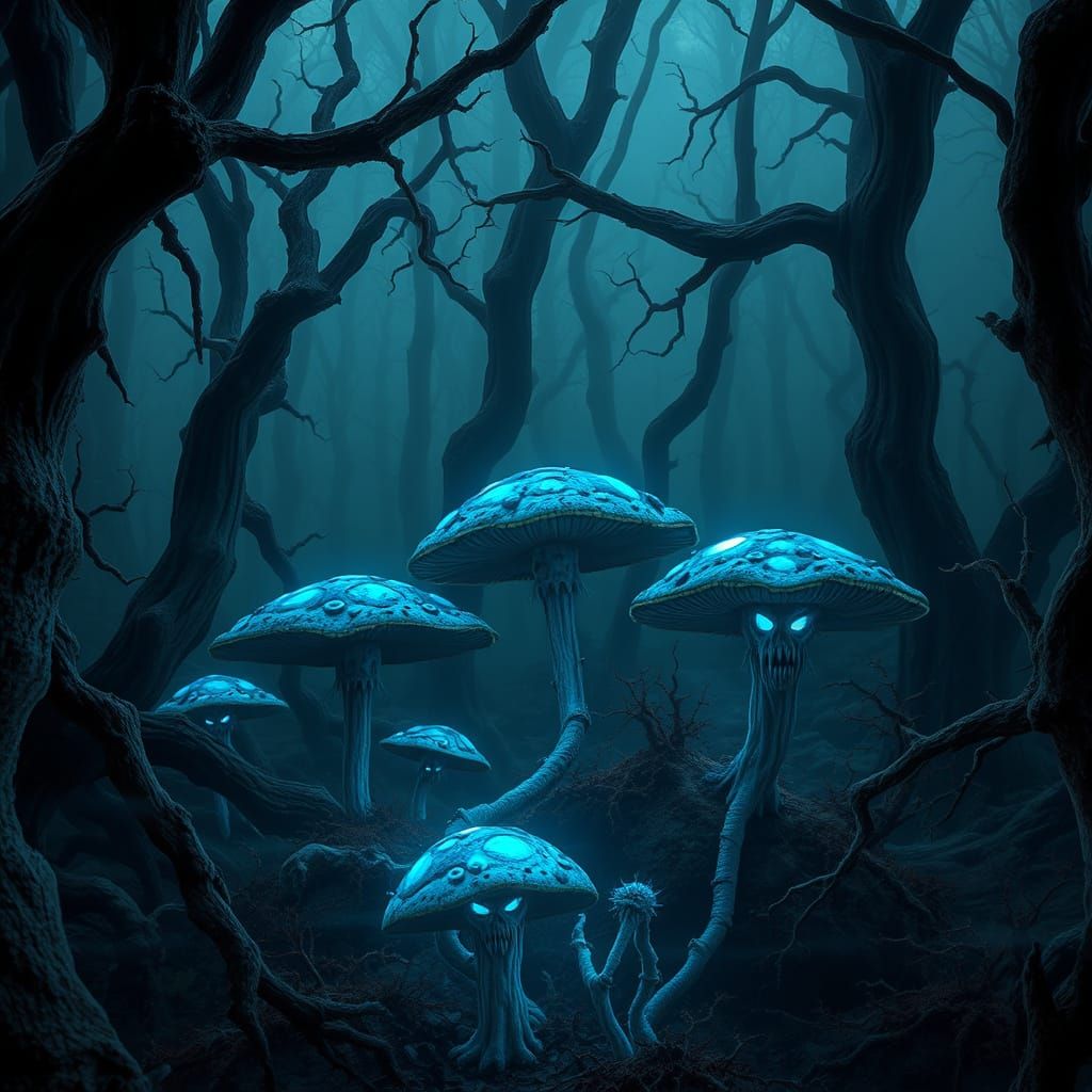 Twisted Biomechanical Forest with Electric Blue Mushrooms