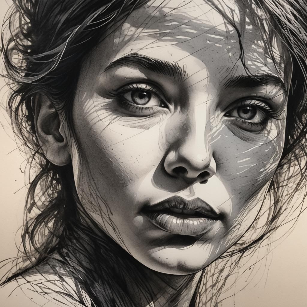 a cross hatching black ink drawing on paper of a human woman face, millions of  lines, black and white, portrait