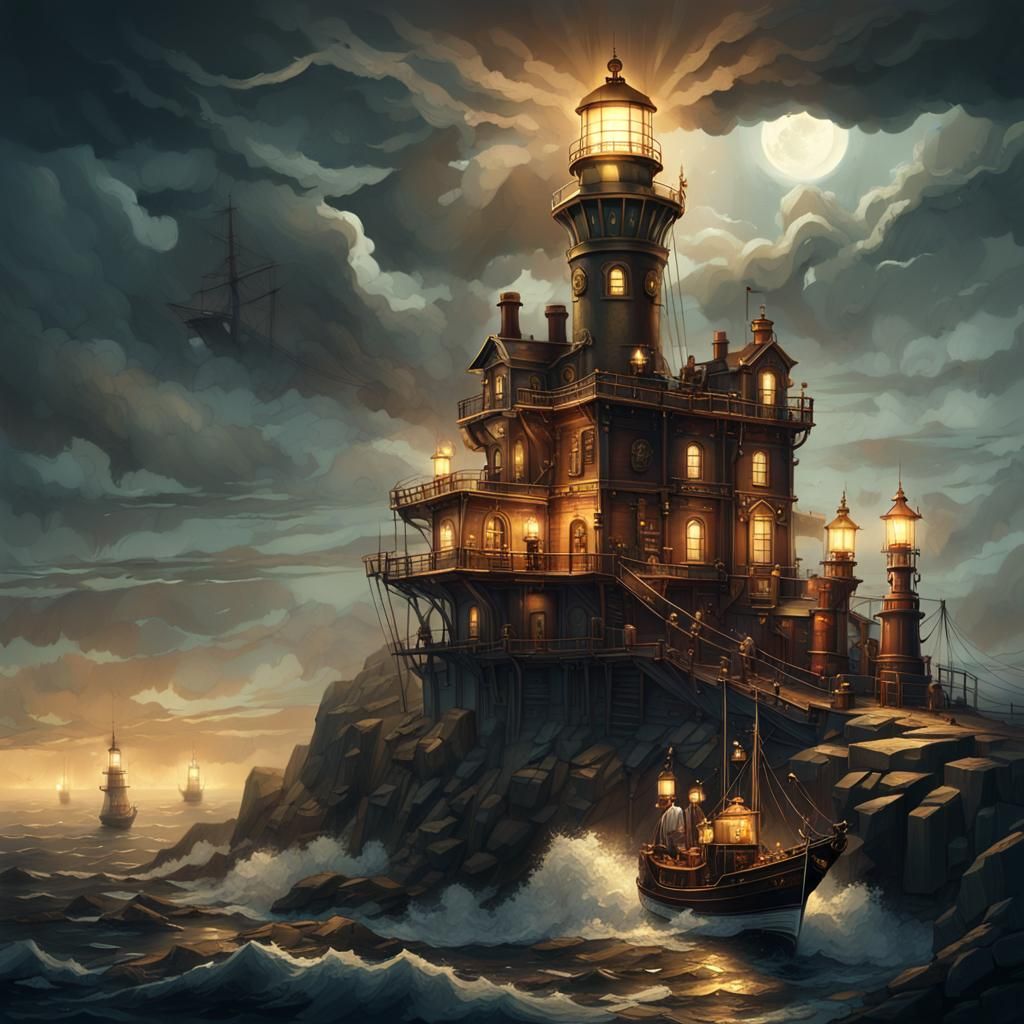 Steampunk Lighthouse on Cliff at Night