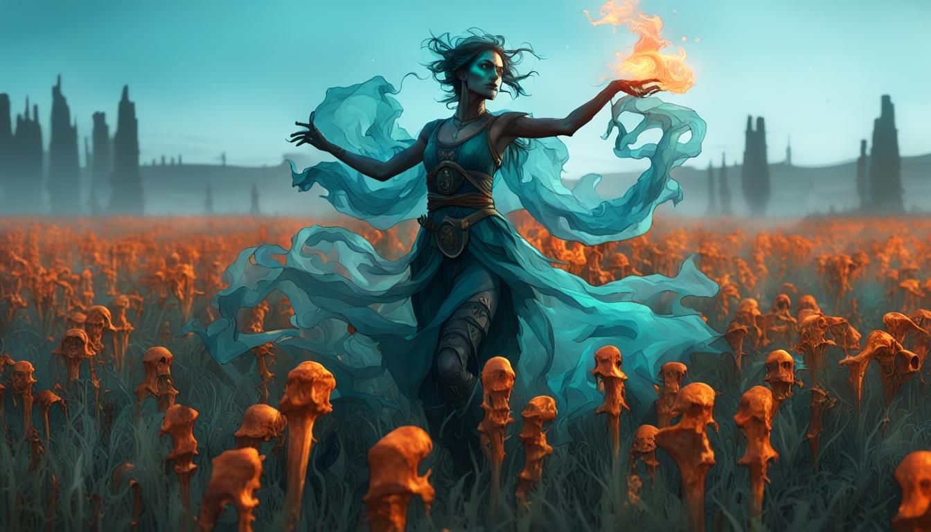 Ethereal Girl Dancing Over a Field of Bones
