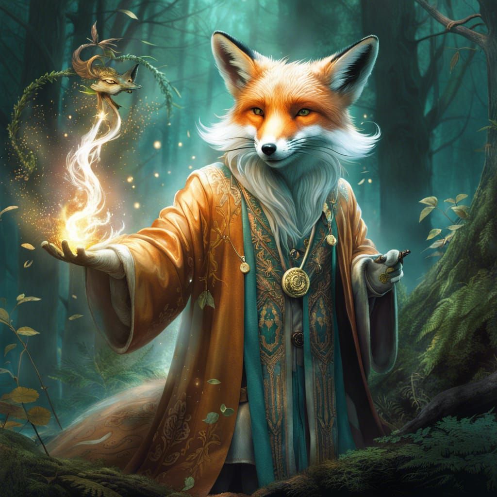 Ethereal Fox Wizard Performing Forest Magic