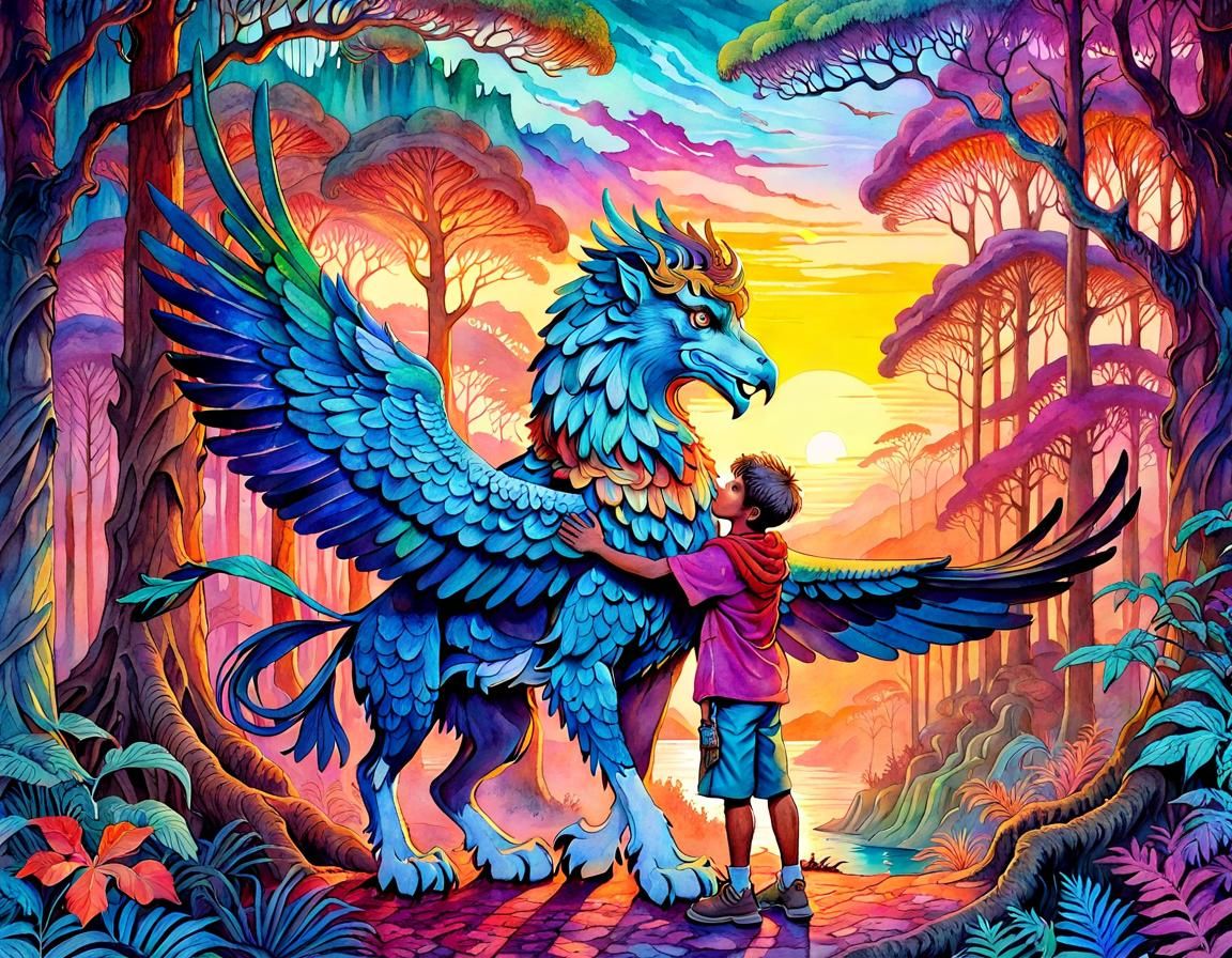 Boy and Griffin in Fantasy Forest, Watercolour Art
