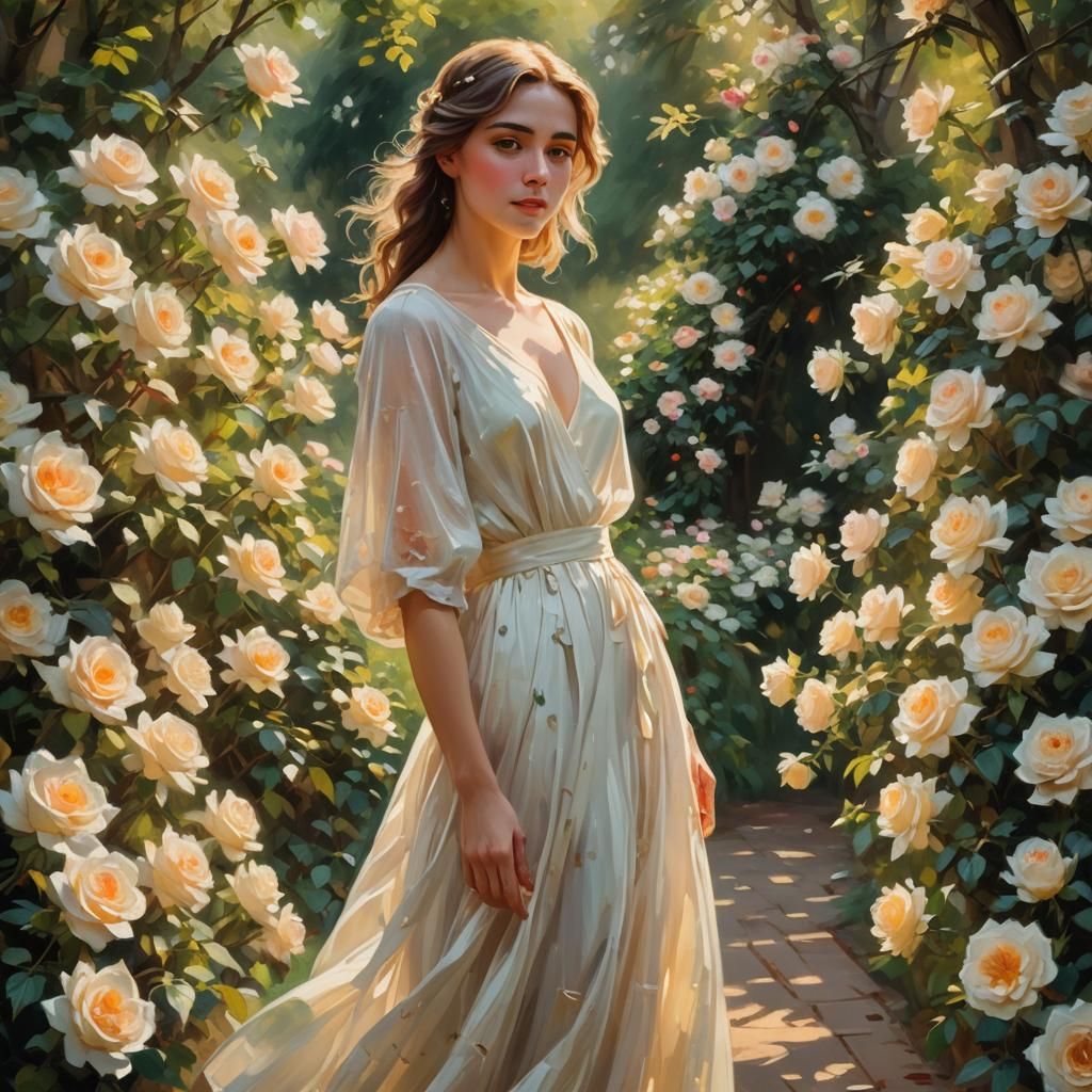 Woman in Rose Garden: Impressionist Oil Painting