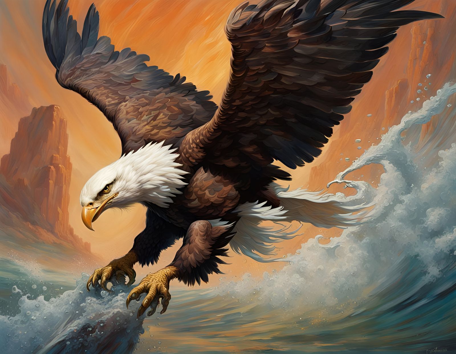 Frank frazetta like Beautifull bald eagle with big claws, diving to catch a fish, Hyperrealistic, splash art, concept ar...